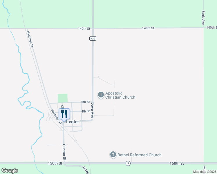 map of restaurants, bars, coffee shops, grocery stores, and more near 504 Prairie Lane in Lester