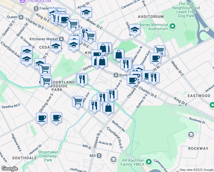 map of restaurants, bars, coffee shops, grocery stores, and more near 94 Borden Avenue South in Kitchener