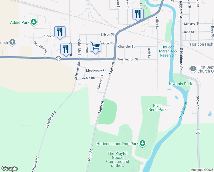 map of restaurants, bars, coffee shops, grocery stores, and more near 1025 Main Street in Horicon
