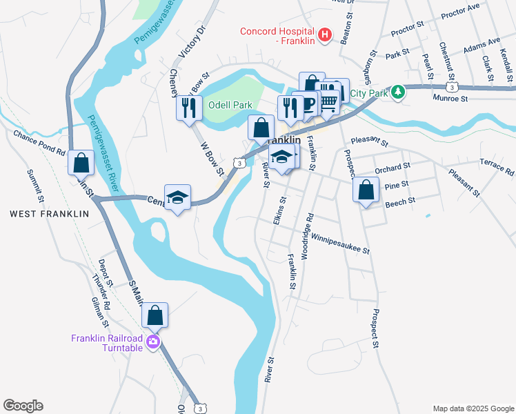 map of restaurants, bars, coffee shops, grocery stores, and more near 83 River Street in Franklin