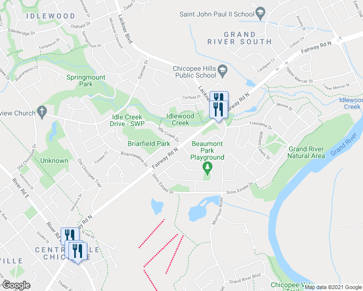 map of restaurants, bars, coffee shops, grocery stores, and more near Fairway Rd N & Fairway Crescent in Kitchener