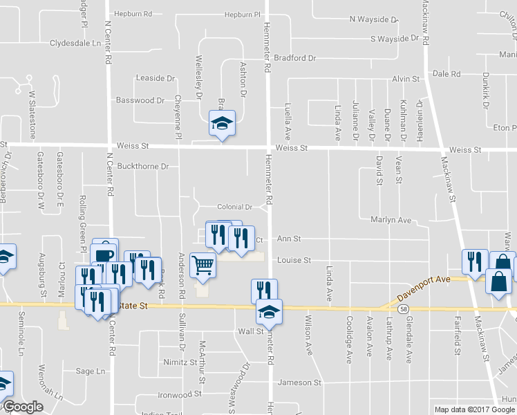 map of restaurants, bars, coffee shops, grocery stores, and more near 4549 Colonial Drive in Saginaw