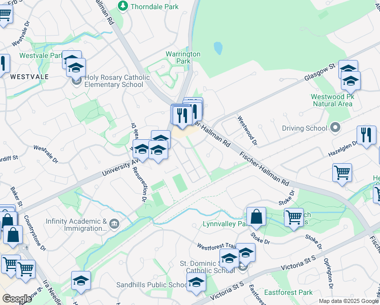map of restaurants, bars, coffee shops, grocery stores, and more near 925 Glasgow Street in Kitchener