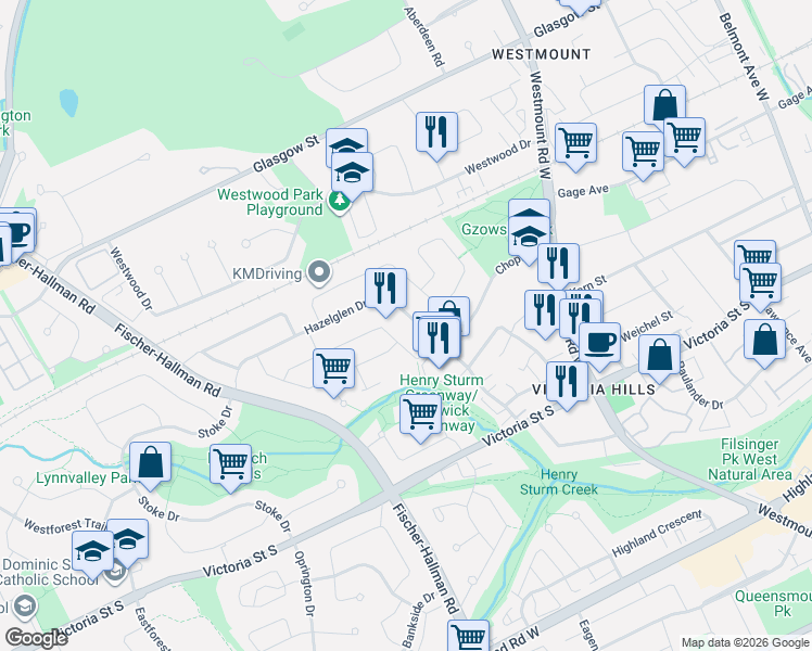 map of restaurants, bars, coffee shops, grocery stores, and more near 141 Hazelglen Drive in Kitchener