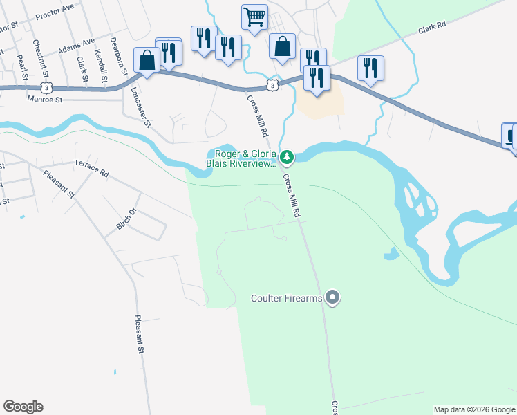 map of restaurants, bars, coffee shops, grocery stores, and more near Winnipesaukee River Trail in Northfield