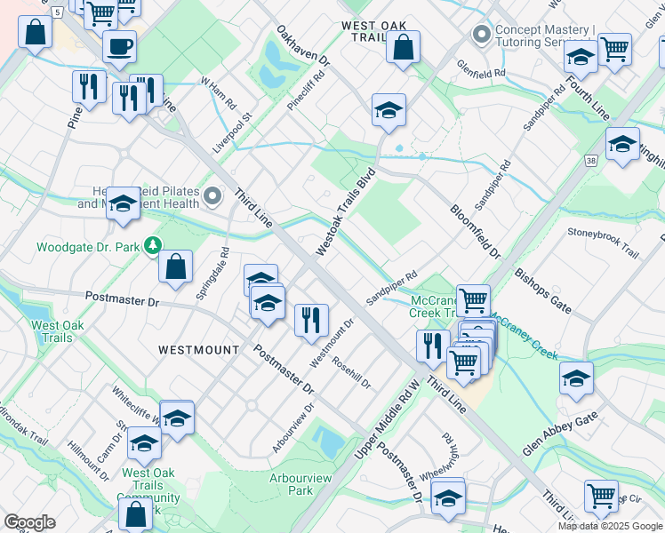 map of restaurants, bars, coffee shops, grocery stores, and more near 2243 Chickadee Crescent in Oakville