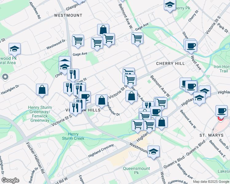 map of restaurants, bars, coffee shops, grocery stores, and more near 566 Victoria Street South in Kitchener