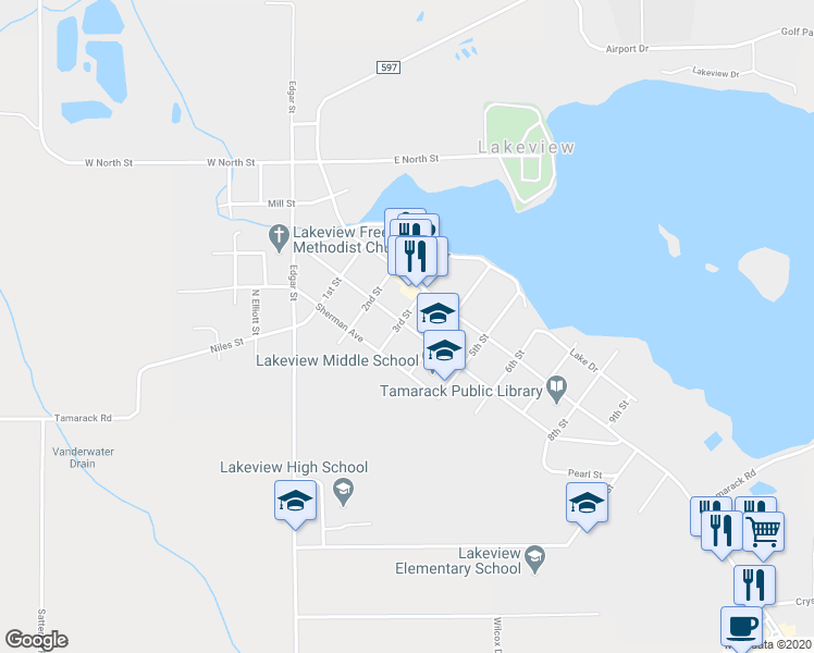 map of restaurants, bars, coffee shops, grocery stores, and more near 418 Washington Street in Lakeview