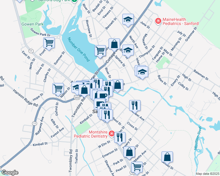 map of restaurants, bars, coffee shops, grocery stores, and more near 5 High Street in Sanford