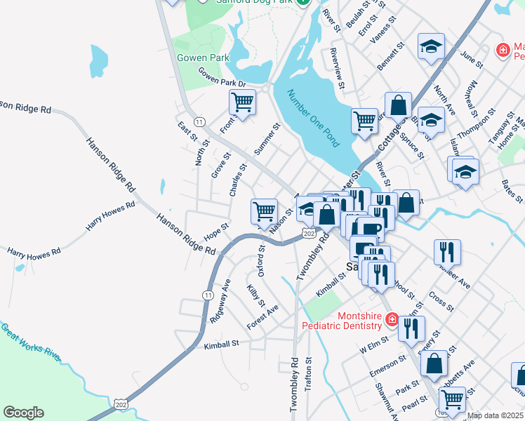map of restaurants, bars, coffee shops, grocery stores, and more near 23 State Street in Sanford