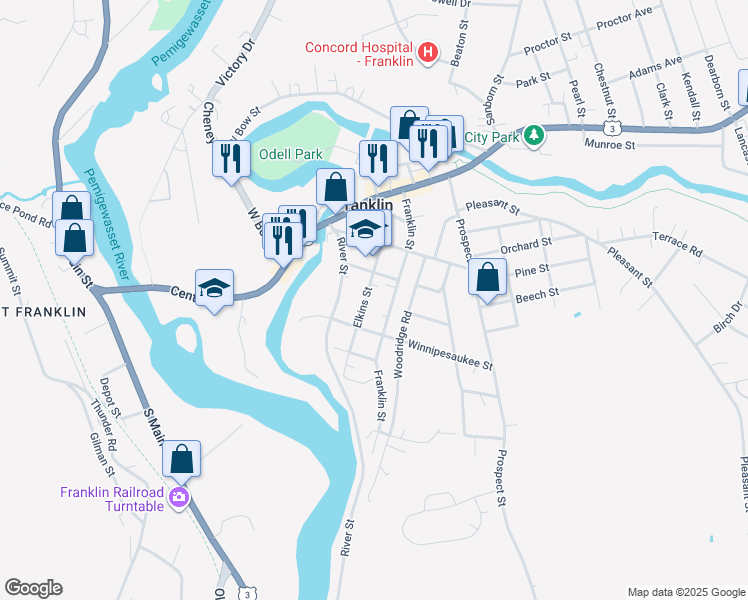map of restaurants, bars, coffee shops, grocery stores, and more near 47 Elkins Street in Franklin