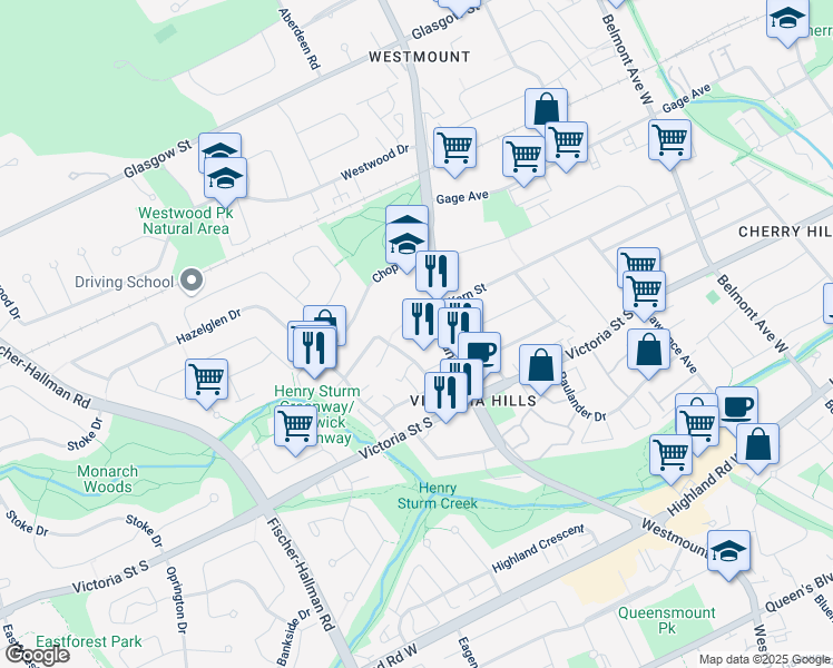 map of restaurants, bars, coffee shops, grocery stores, and more near in Kitchener