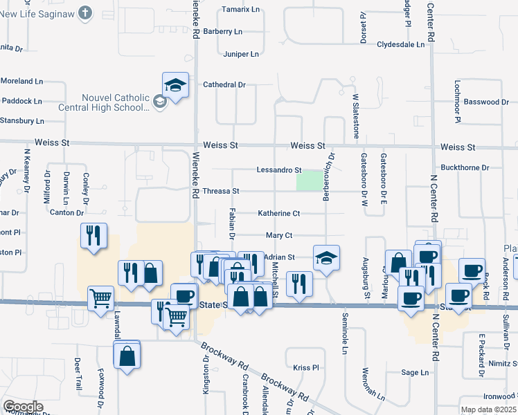 map of restaurants, bars, coffee shops, grocery stores, and more near 5548 Katherine Court in Saginaw