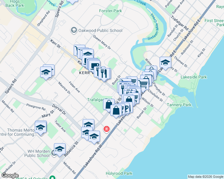 map of restaurants, bars, coffee shops, grocery stores, and more near 198 Kerr Street in Oakville