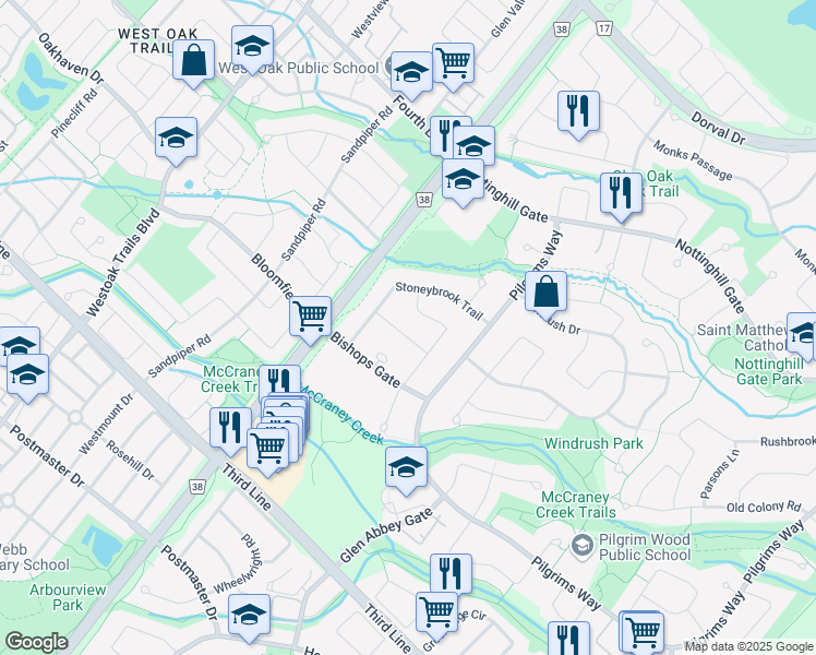 map of restaurants, bars, coffee shops, grocery stores, and more near 1453 Sprucewood Terrace in Oakville