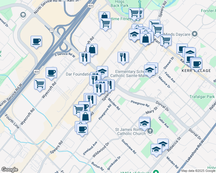 map of restaurants, bars, coffee shops, grocery stores, and more near 345 Speers Road in Oakville