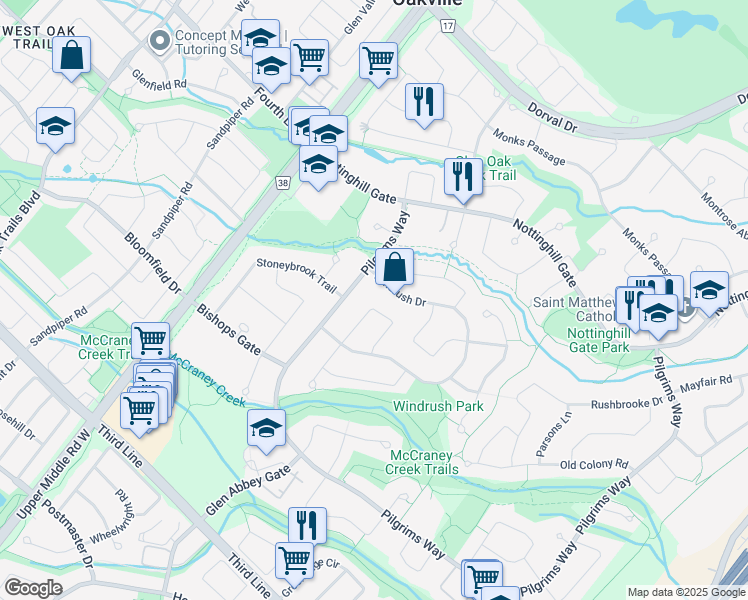 map of restaurants, bars, coffee shops, grocery stores, and more near 1291 Heathfield Crescent in Oakville