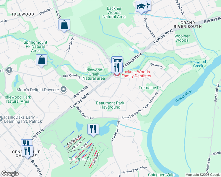 map of restaurants, bars, coffee shops, grocery stores, and more near 731 Fairway Court in Kitchener