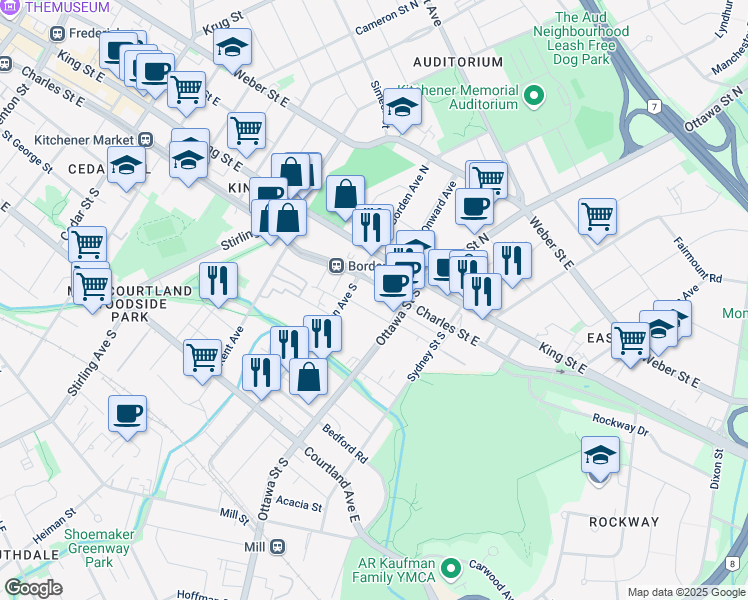 map of restaurants, bars, coffee shops, grocery stores, and more near 50 Ottawa Street South in Kitchener