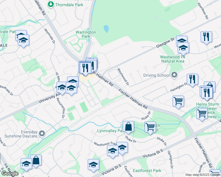 map of restaurants, bars, coffee shops, grocery stores, and more near 38 Northforest Trail in Kitchener
