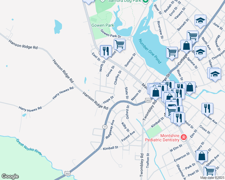 map of restaurants, bars, coffee shops, grocery stores, and more near 33 Charles Street in Sanford