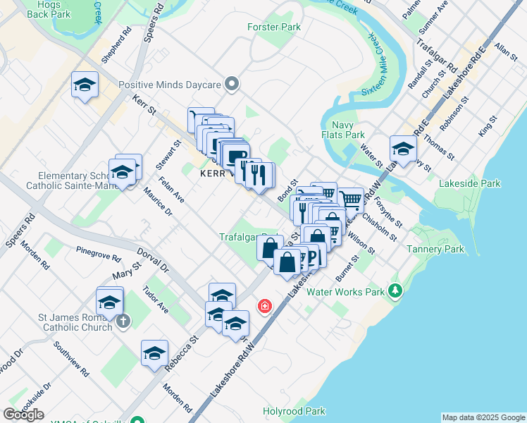 map of restaurants, bars, coffee shops, grocery stores, and more near 212 Kerr Street in Oakville