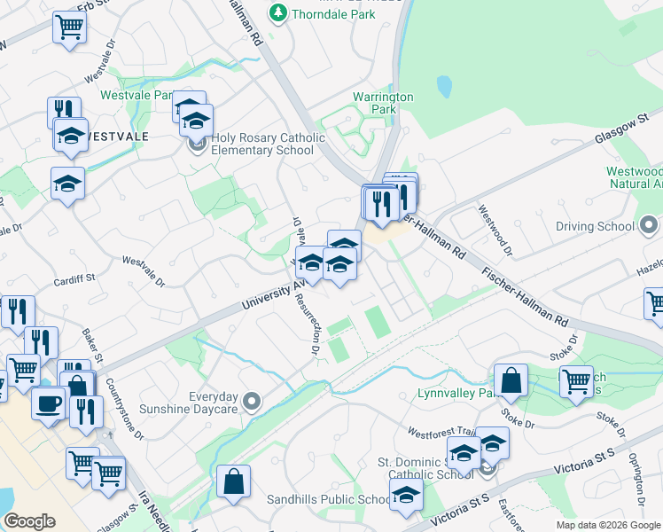 map of restaurants, bars, coffee shops, grocery stores, and more near 426 University Avenue West in Waterloo