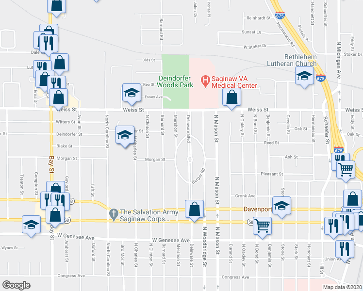 map of restaurants, bars, coffee shops, grocery stores, and more near 4 Ruggles Road in Saginaw