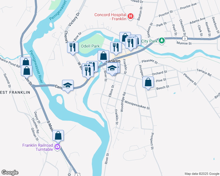 map of restaurants, bars, coffee shops, grocery stores, and more near 47 Elkins Street in Franklin