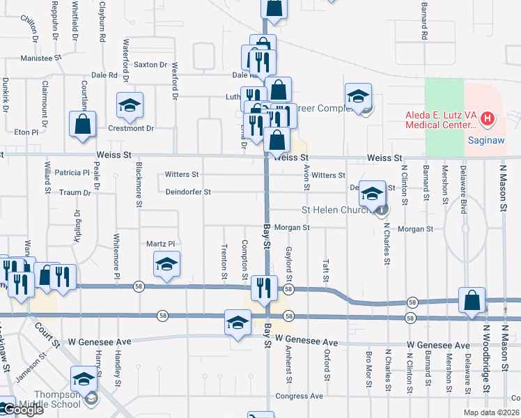 map of restaurants, bars, coffee shops, grocery stores, and more near 2401 Bay Street in Saginaw
