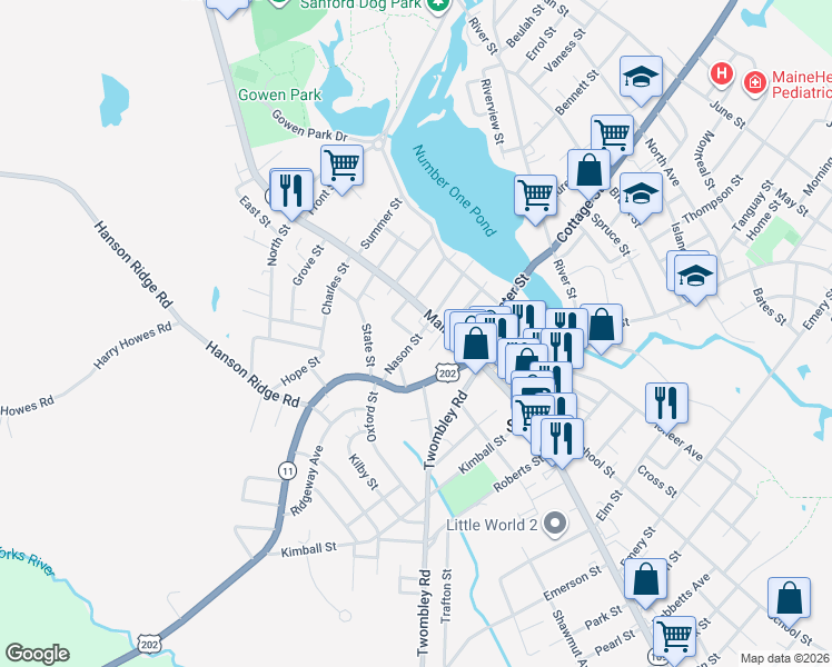 map of restaurants, bars, coffee shops, grocery stores, and more near 859 Main Street in Sanford