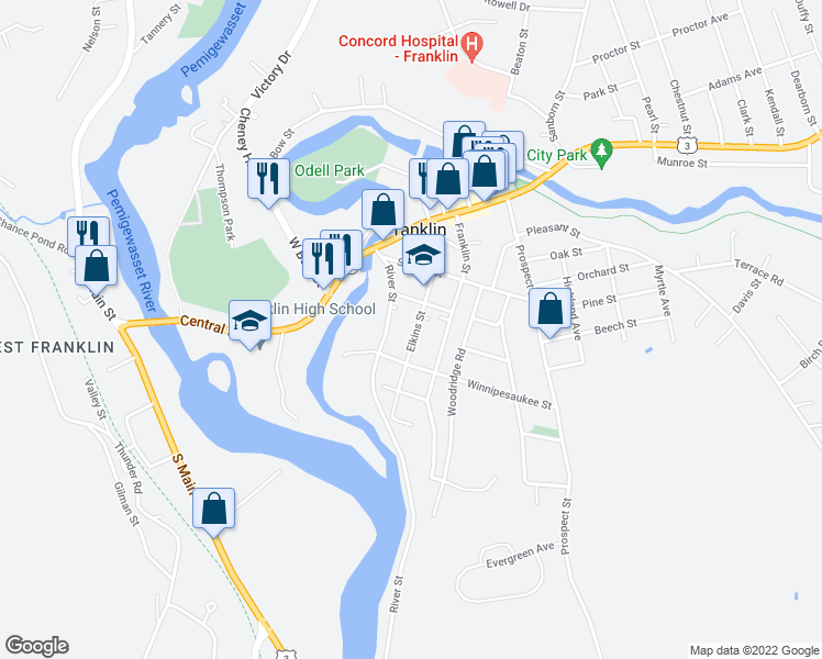 map of restaurants, bars, coffee shops, grocery stores, and more near 47 Elkins Street in Franklin