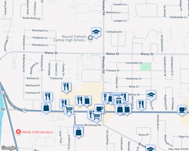map of restaurants, bars, coffee shops, grocery stores, and more near 5821 Ambassador Drive in Saginaw