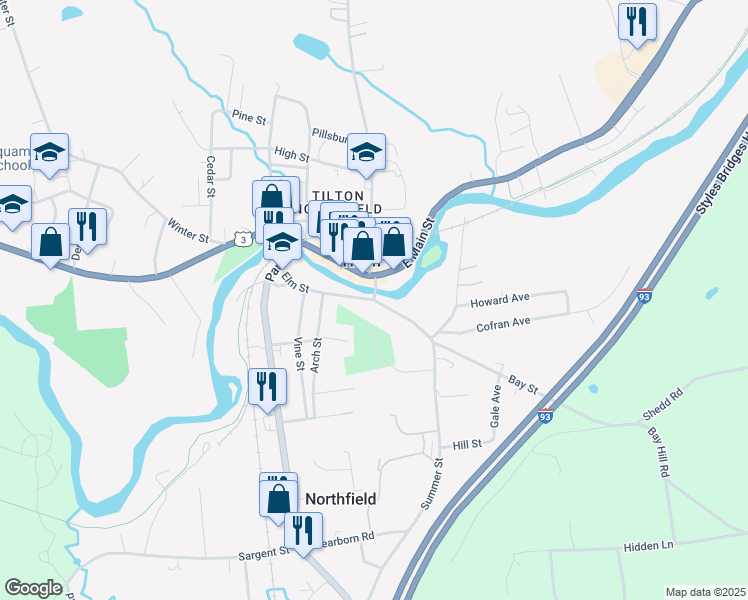 map of restaurants, bars, coffee shops, grocery stores, and more near Elm Street in Northfield