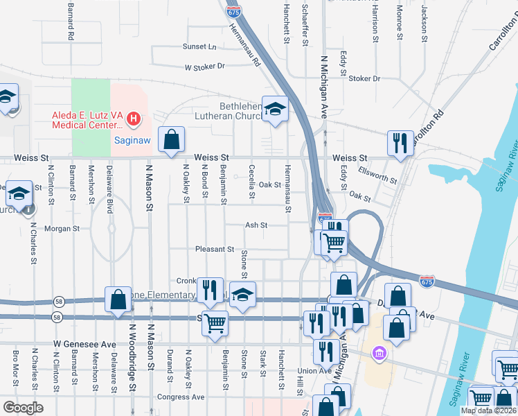 map of restaurants, bars, coffee shops, grocery stores, and more near 909 Reed Street in Saginaw
