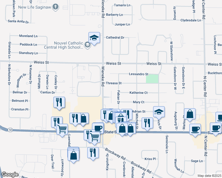 map of restaurants, bars, coffee shops, grocery stores, and more near 5 Commons West Court in Saginaw