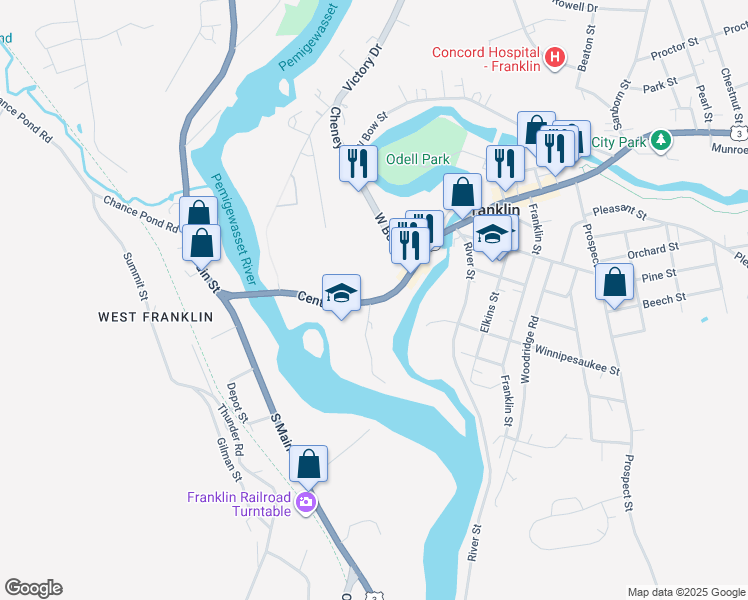 map of restaurants, bars, coffee shops, grocery stores, and more near 100 Central Street in Franklin