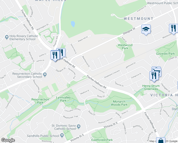 map of restaurants, bars, coffee shops, grocery stores, and more near 367 Westwood Drive in Kitchener