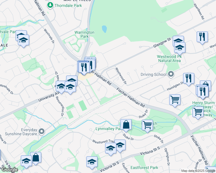 map of restaurants, bars, coffee shops, grocery stores, and more near 38 Northforest Trail in Kitchener