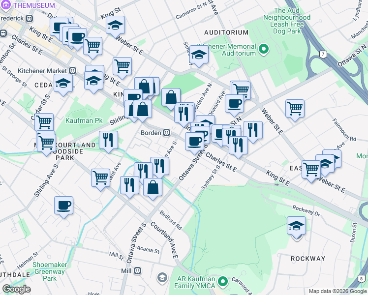 map of restaurants, bars, coffee shops, grocery stores, and more near 50 Ottawa Street South in Kitchener