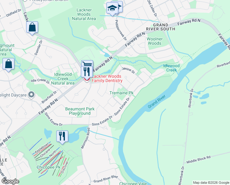 map of restaurants, bars, coffee shops, grocery stores, and more near 14 William Lewis Street in Kitchener