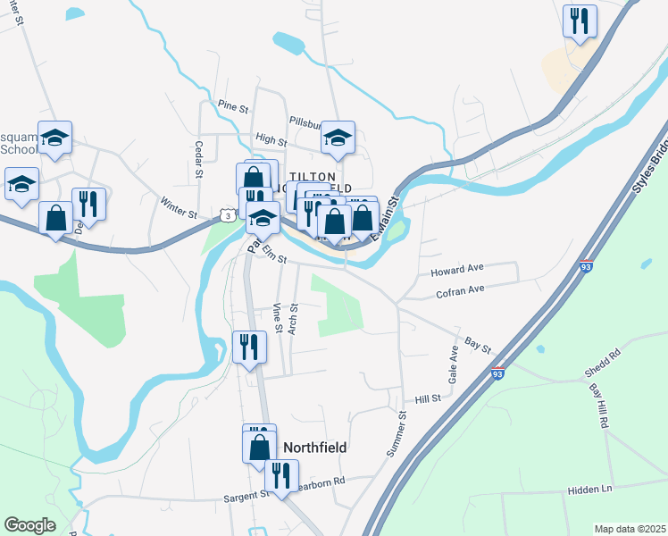 map of restaurants, bars, coffee shops, grocery stores, and more near Elm Street in Northfield
