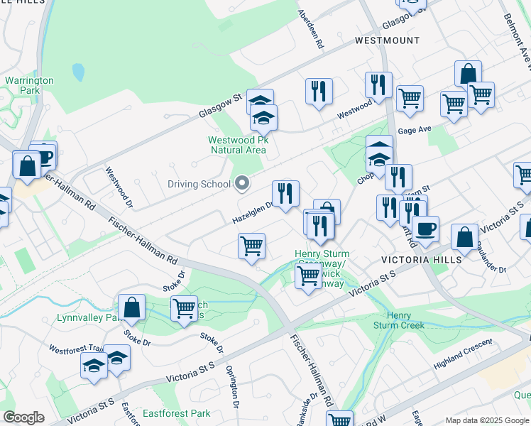 map of restaurants, bars, coffee shops, grocery stores, and more near 211 Hazelglen Drive in Kitchener