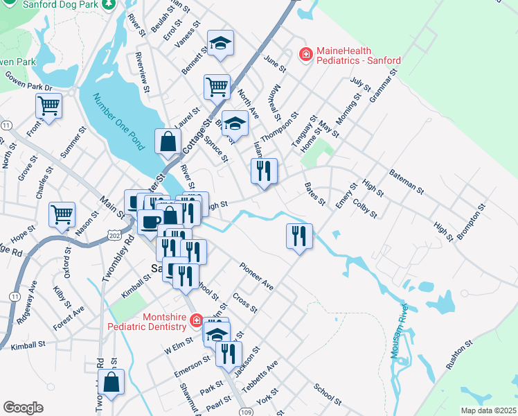map of restaurants, bars, coffee shops, grocery stores, and more near 17 High Street in Sanford