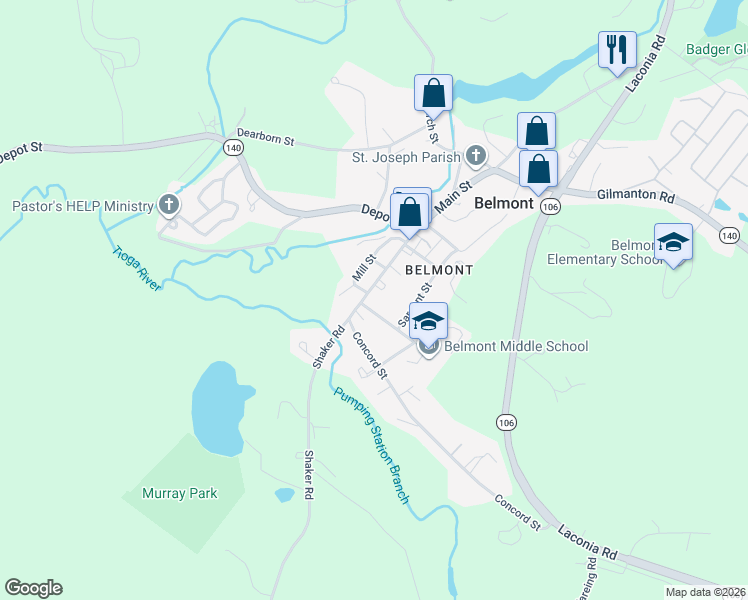 map of restaurants, bars, coffee shops, grocery stores, and more near 13 South School Street in Belmont