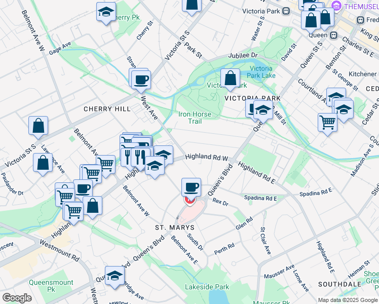 map of restaurants, bars, coffee shops, grocery stores, and more near in Kitchener