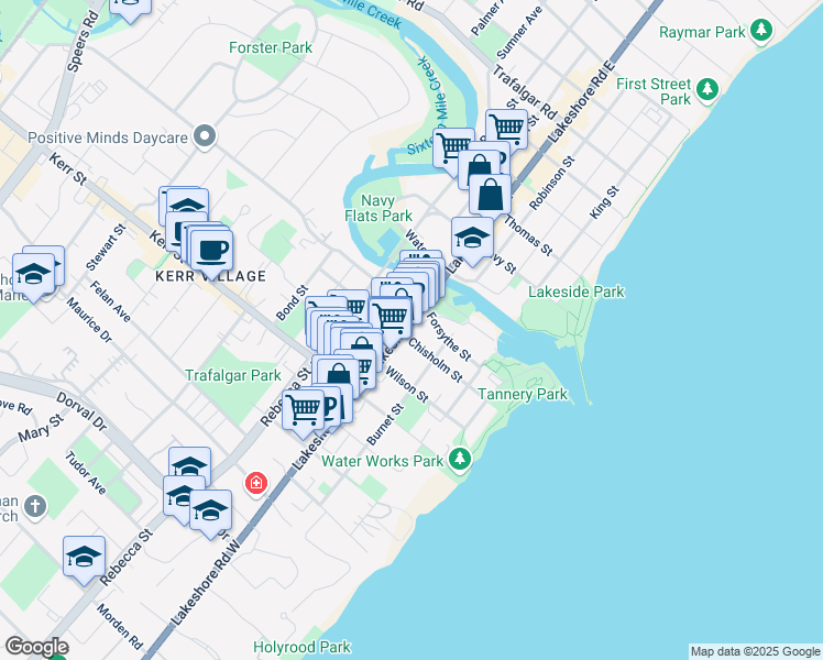 map of restaurants, bars, coffee shops, grocery stores, and more near 22 Lakeshore Road West in Oakville