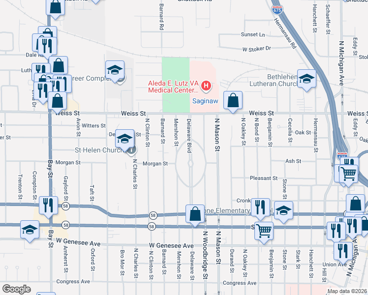 map of restaurants, bars, coffee shops, grocery stores, and more near 4 Ruggles Road in Saginaw