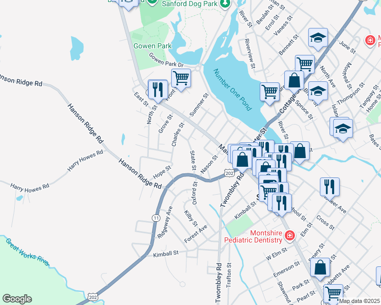 map of restaurants, bars, coffee shops, grocery stores, and more near 23 State Street in Sanford