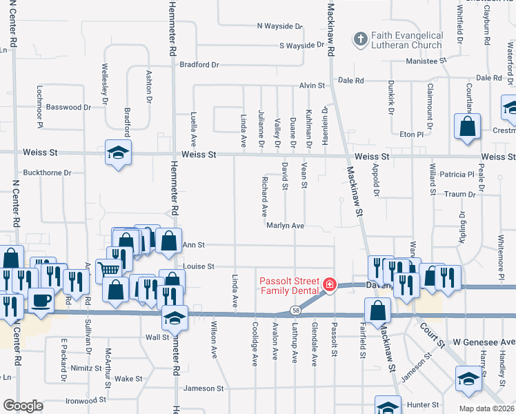 map of restaurants, bars, coffee shops, grocery stores, and more near 2335 Richard Avenue in Saginaw